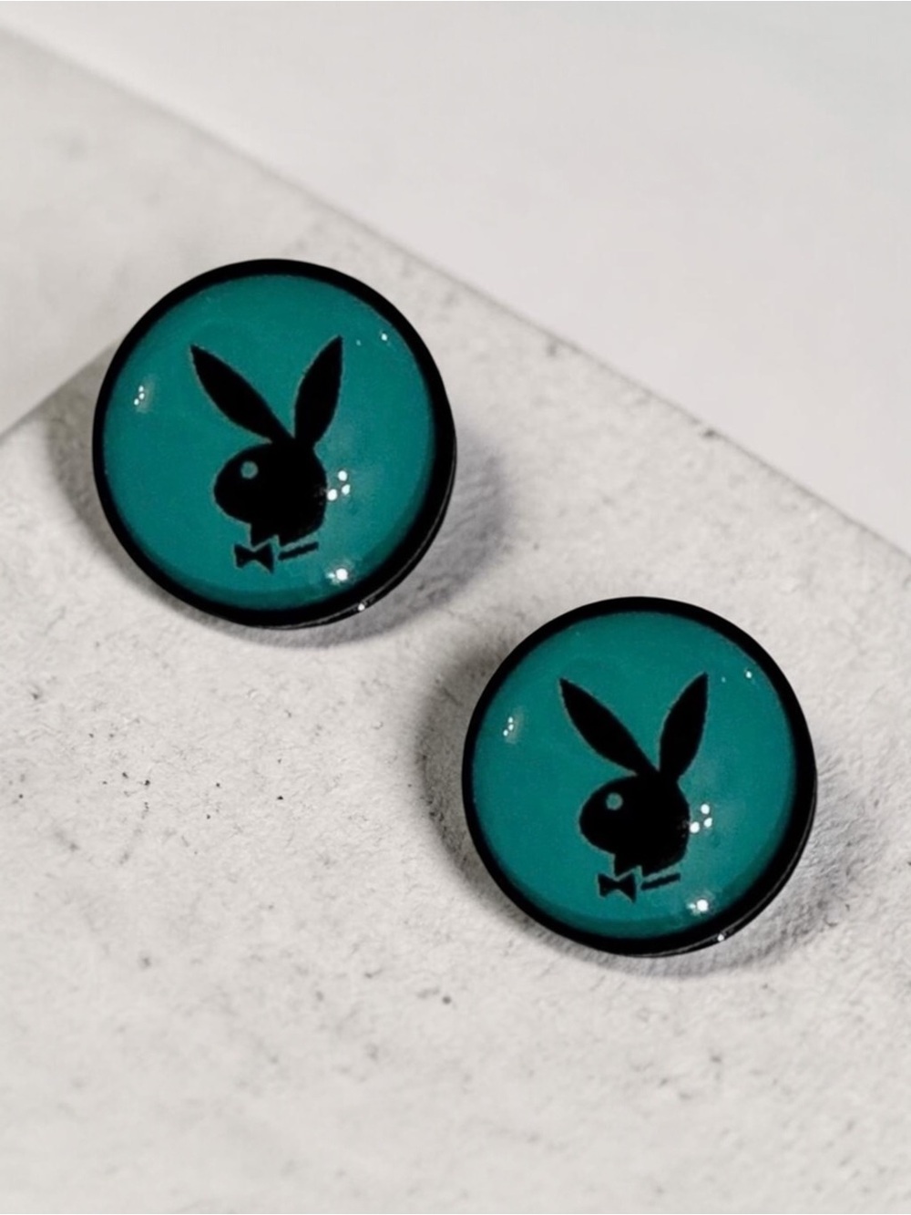 Playboy Illusion Bunny Black & Turquoise Magnetic Fake Acrylic Plugs Tunnels